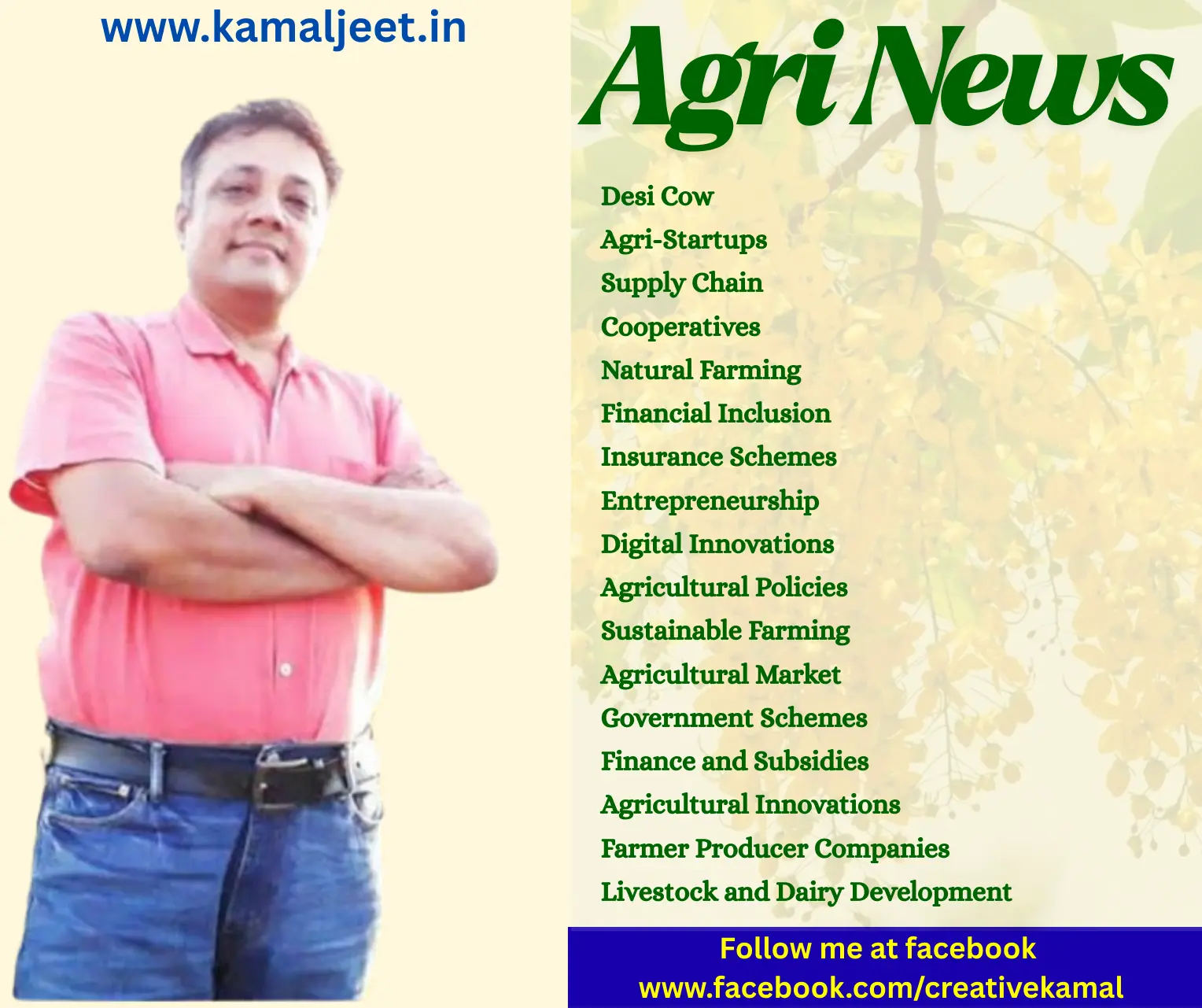 a person standing with arms crossed, wearing a pink shirt and blue jeans, next to a list of agricultural topics under the "agri news" logo with a floral background.