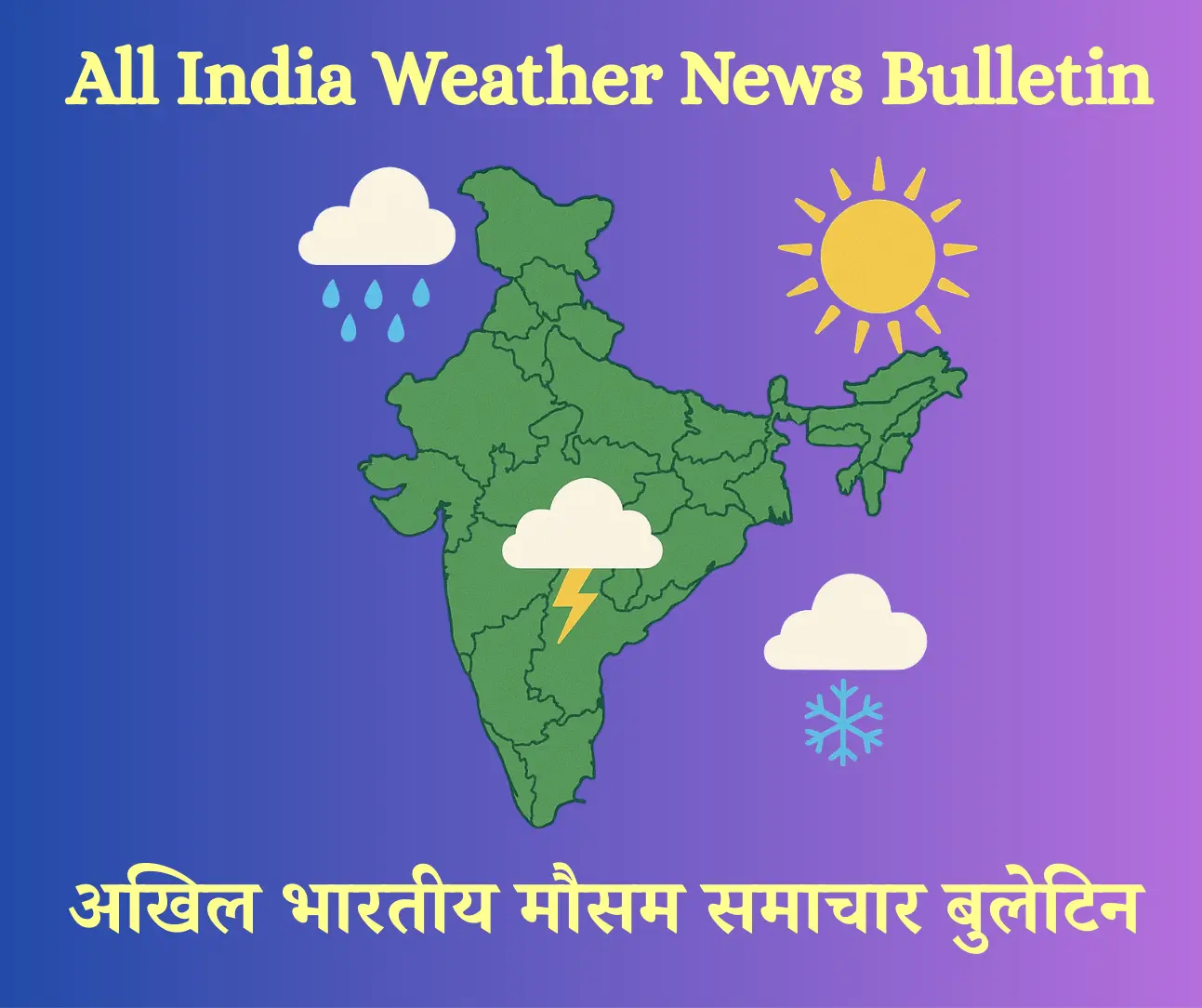 a weather news bulletin image featuring a map of india with various weather icons, including rain, sun, thunder, and snow, representing different weather conditions across the country. the text "all india weather news bulletin" is written in english at the top, and "अखिल भारतीय मौसम समाचार बुलेटिन" is written in hindi at the bottom, set against a gradient blue and purple background.