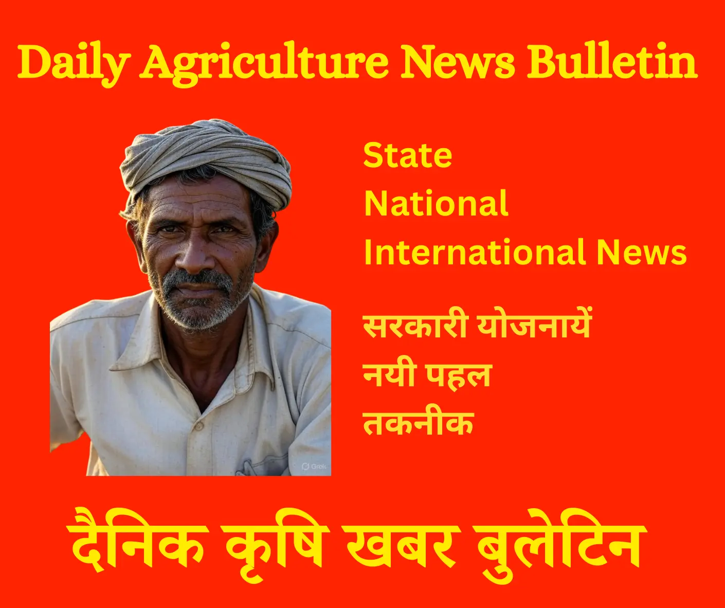 featuring a farmer in a turban and beige shirt, with text in english and hindi about a daily agriculture news bulletin, including sections for state, national, and international news, government schemes, new crops, and techniques.